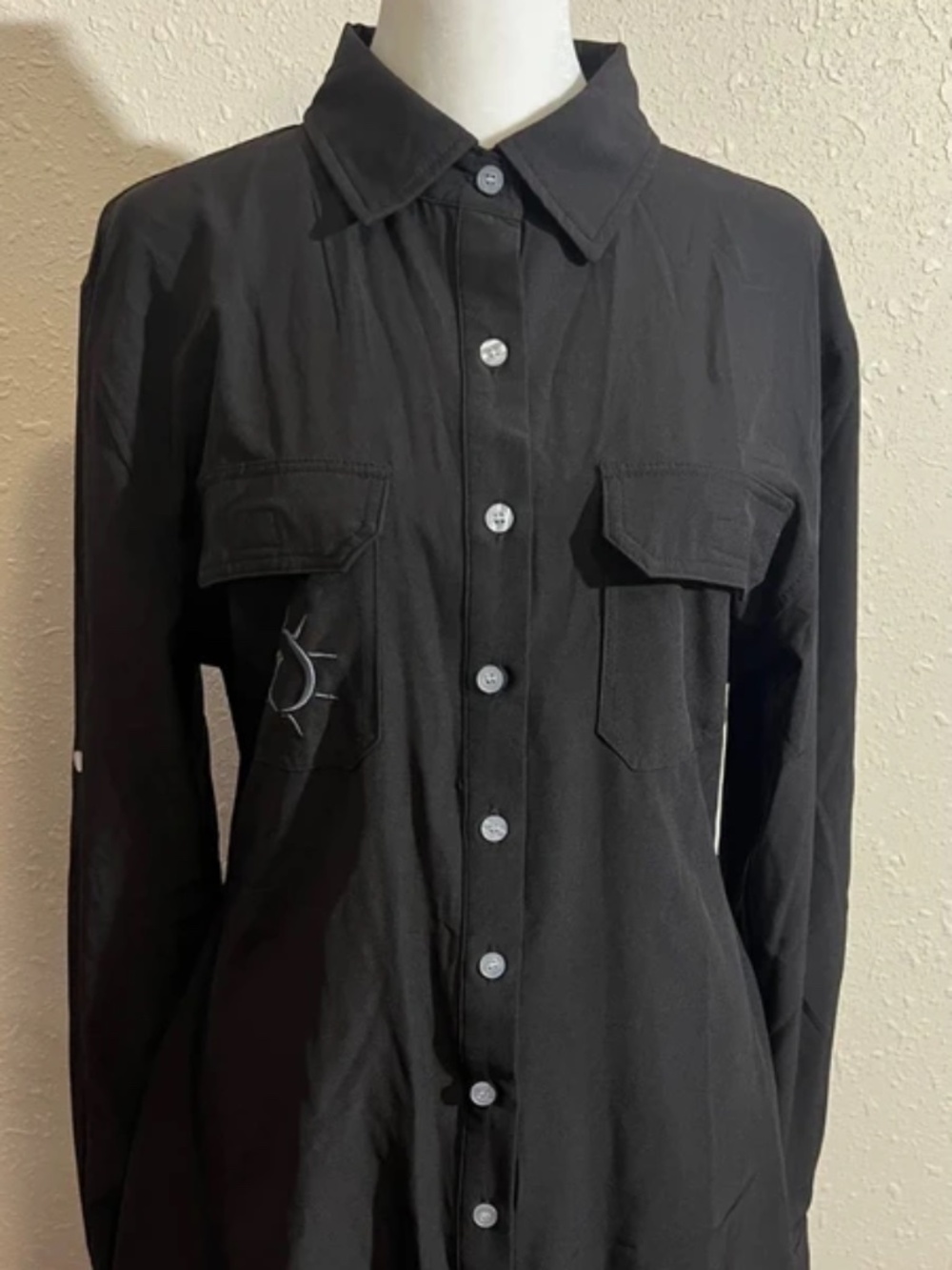 Black Embroidered Button Front Shirt Dress | M